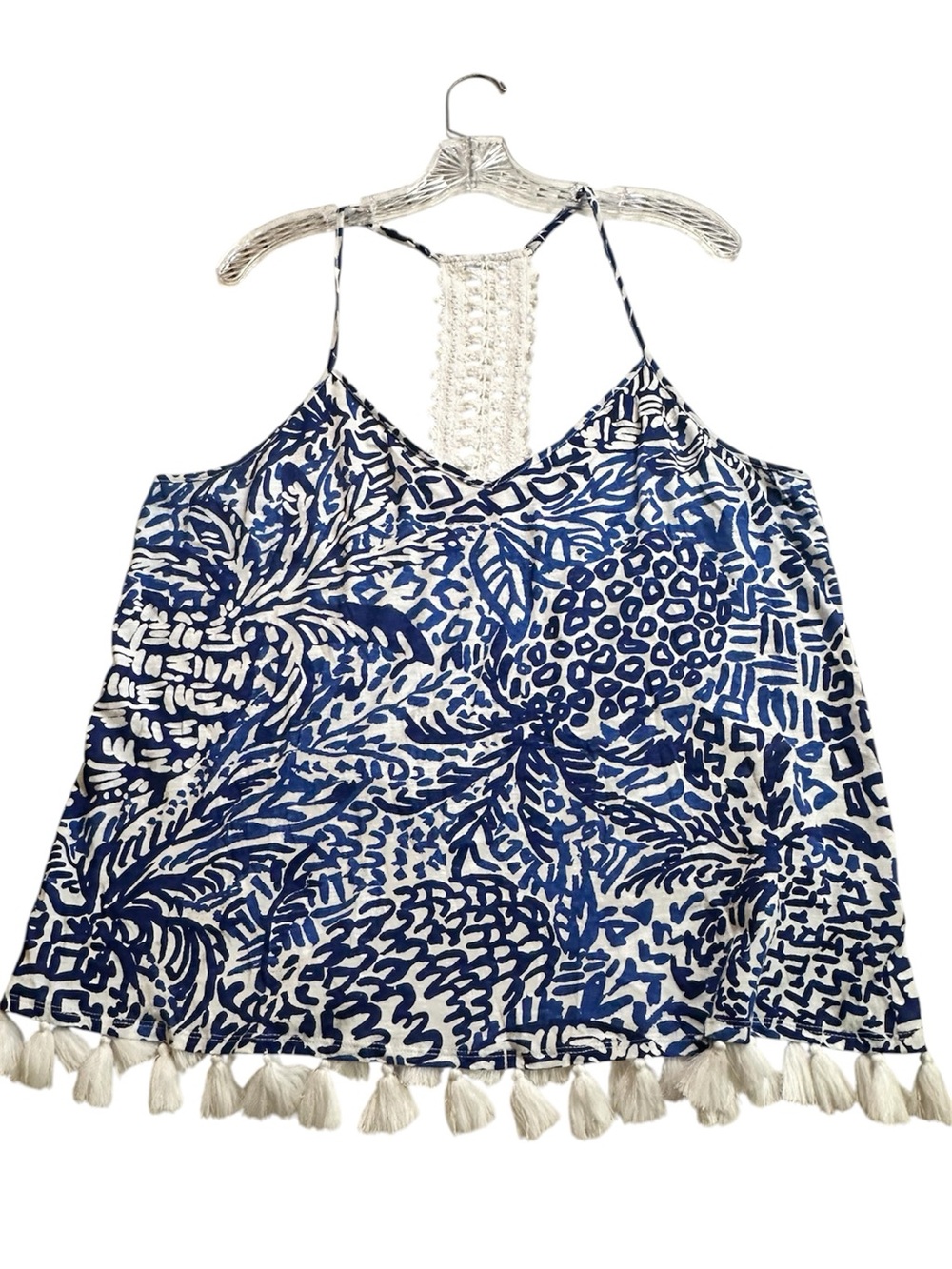 Lilly Pulitzer Nya Tank Top XL Blue White Tassel Hem Crochet Back Boho